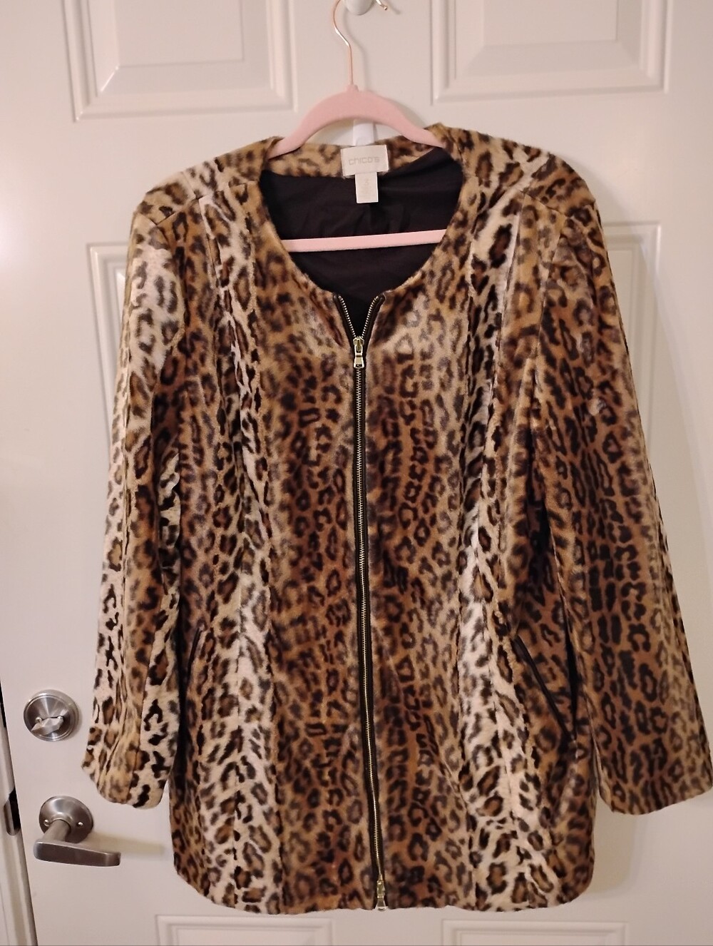Chico's Leopard-Print Faux Fur Zip Jacket in Brown & Cream